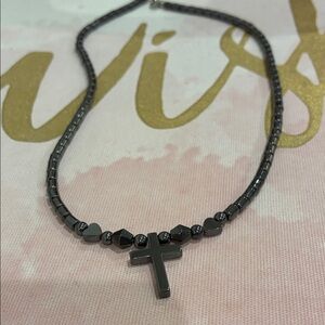 Hematite Cross Beaded Necklace - Dark Gray